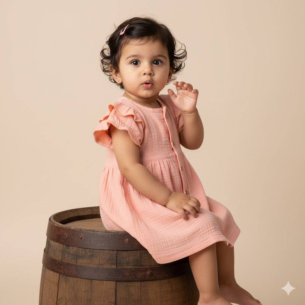 Crinkled Muslin short sleeve frock with frill - Light Orange
