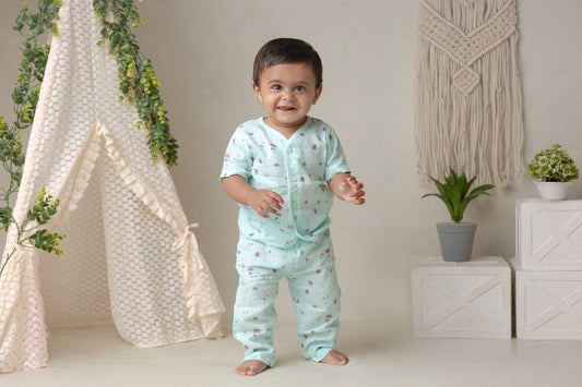 Muslin Half Sleeve Jhabla & Pant Blue