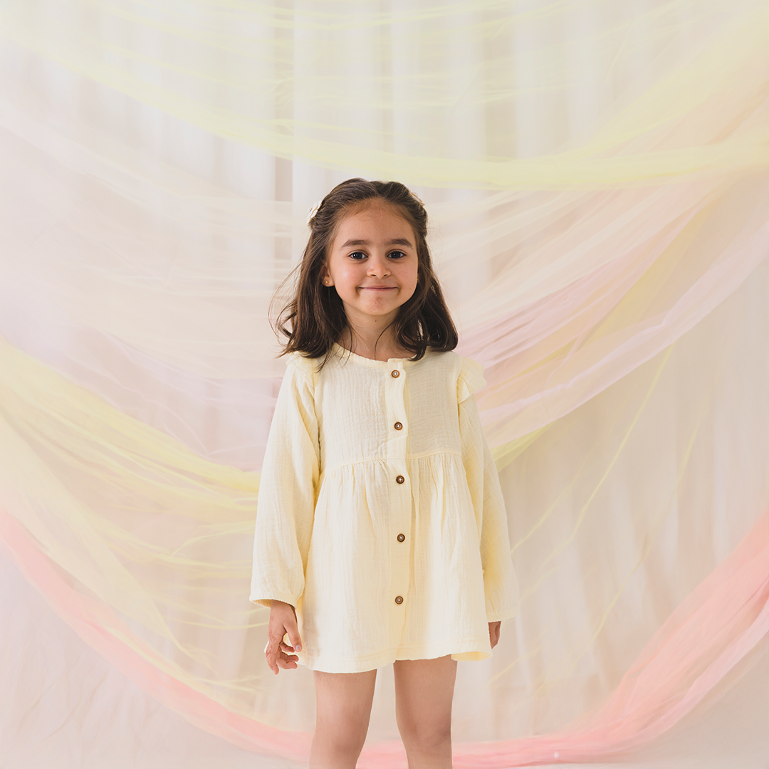 Crinkled Muslin long sleeve frock with frill - Lemon Drop