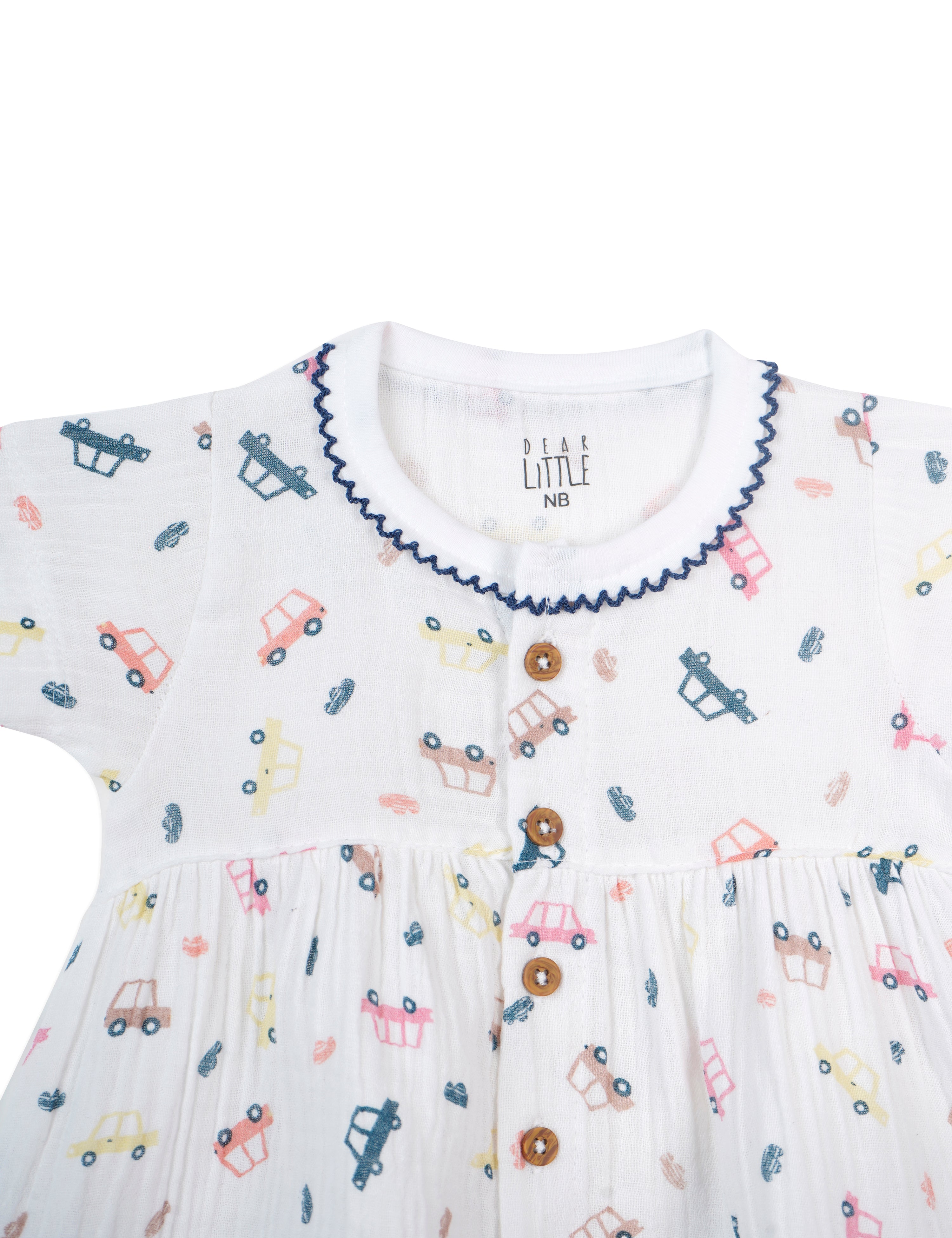 Mini Wheels Muslin Baby Frock in Dark Blue