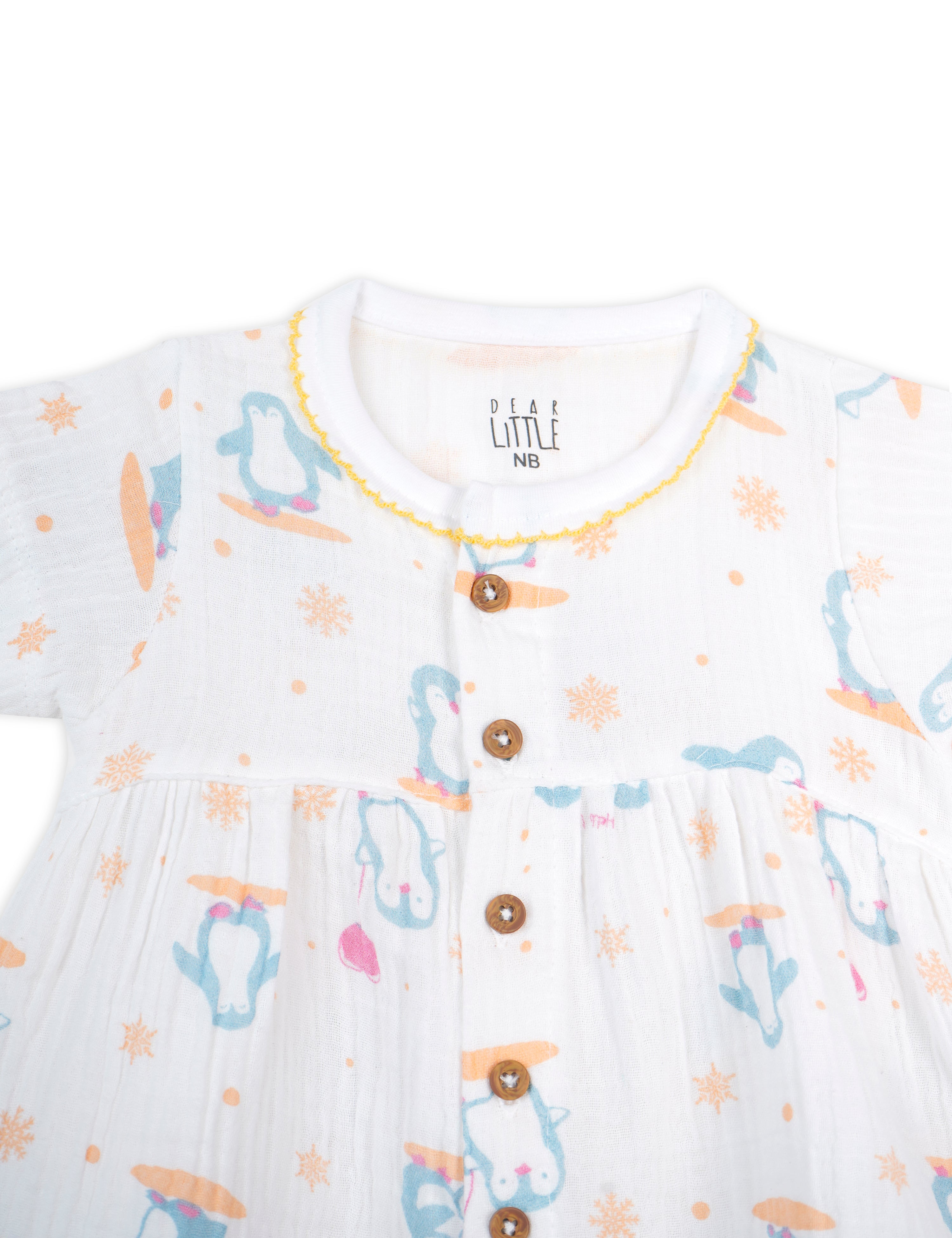 Crinkled Muslin Baby Frock Penguin Patrol Blue & Yellow