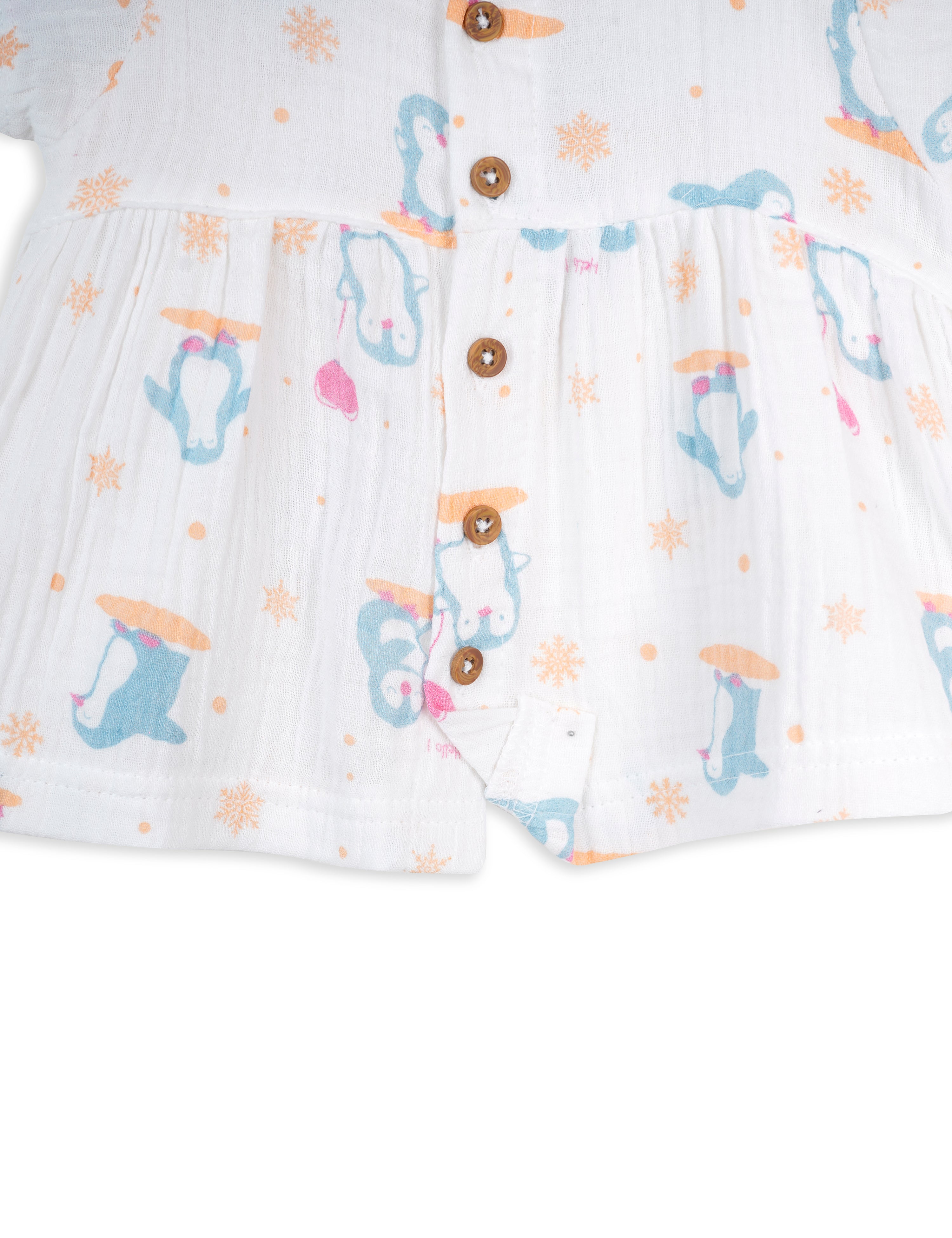 Crinkled Muslin Baby Frock in Blue & Yellow