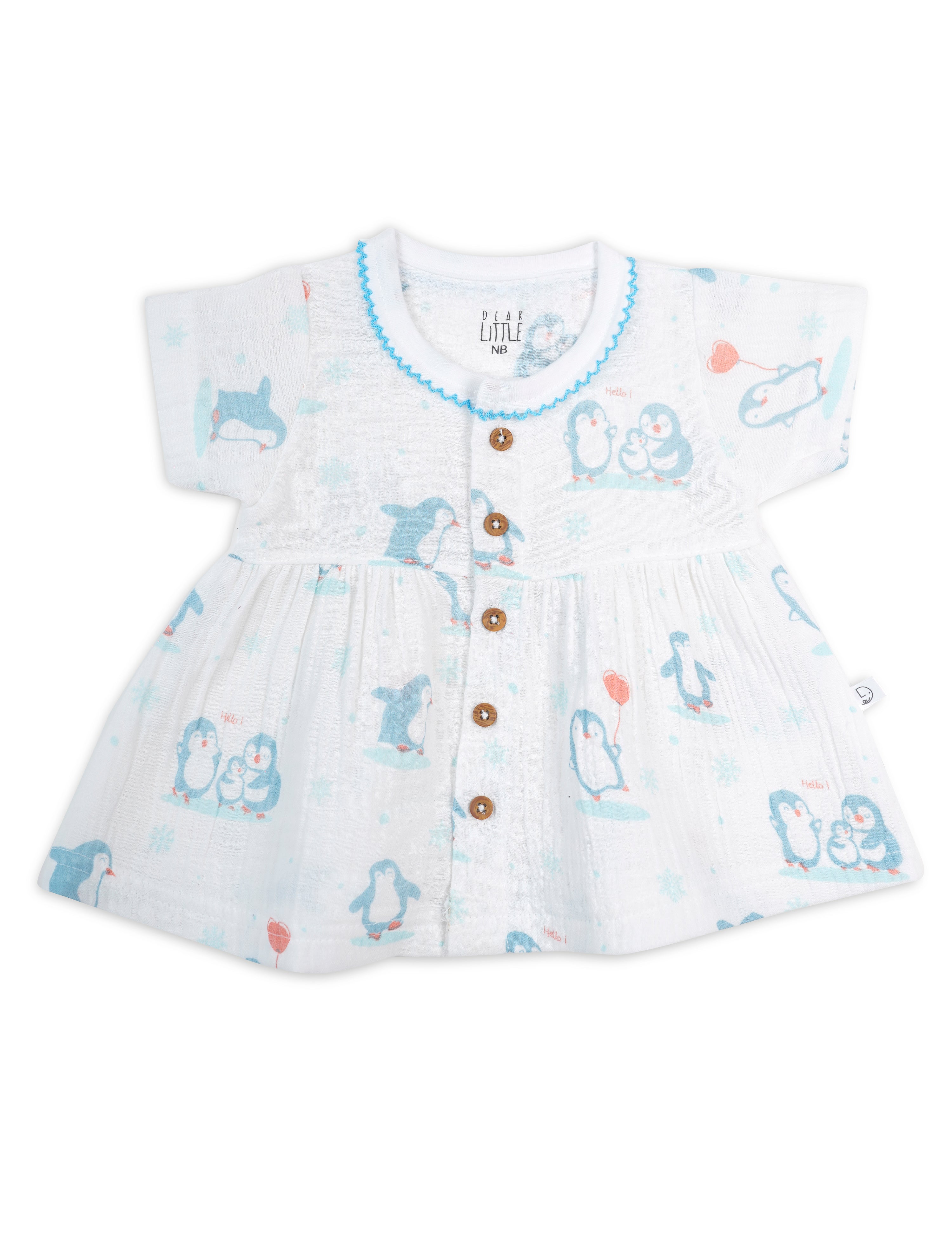 A light blue baby frock with a penguin pattern and short sleeves