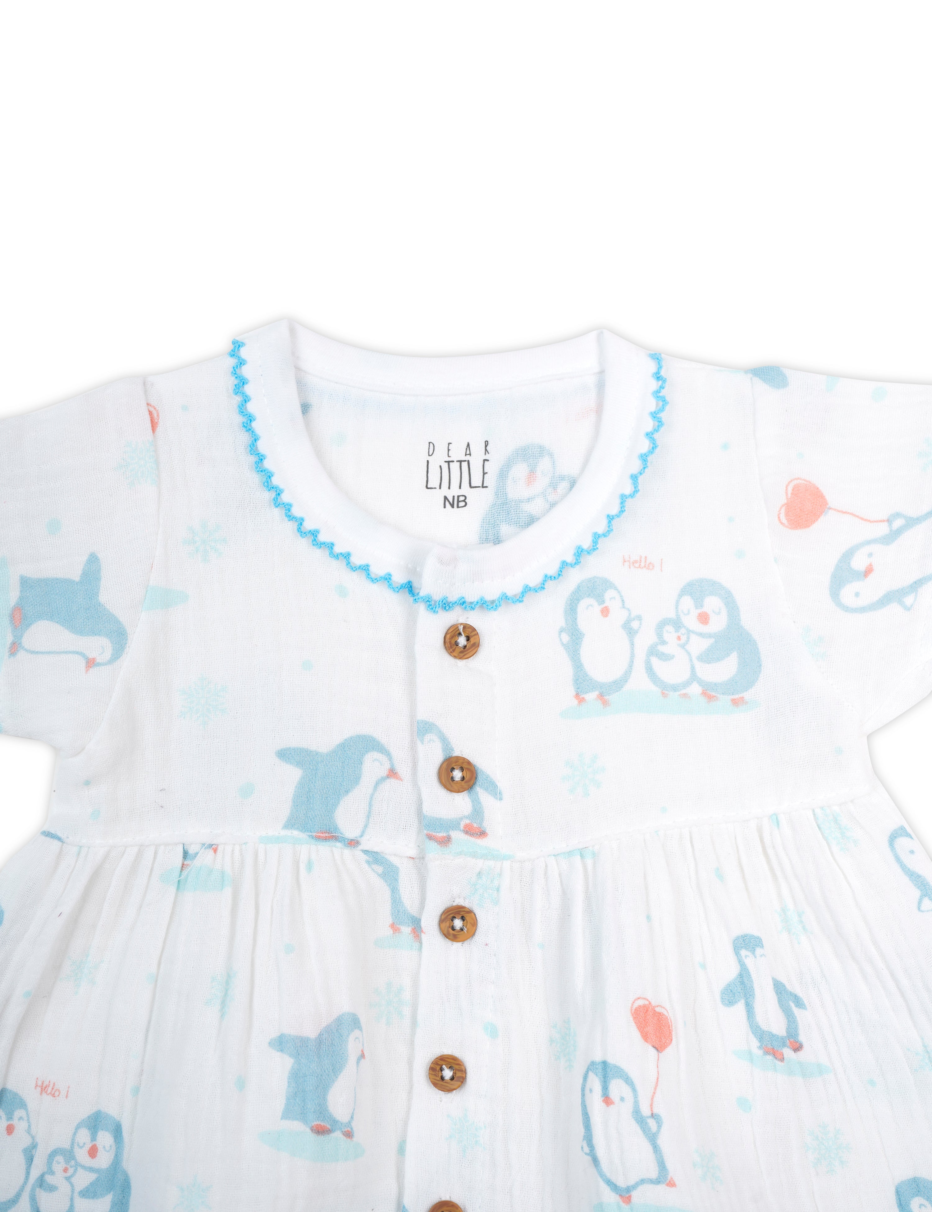 Crinkled Muslin Newborn Frock in Penguin Patrol Light Blue