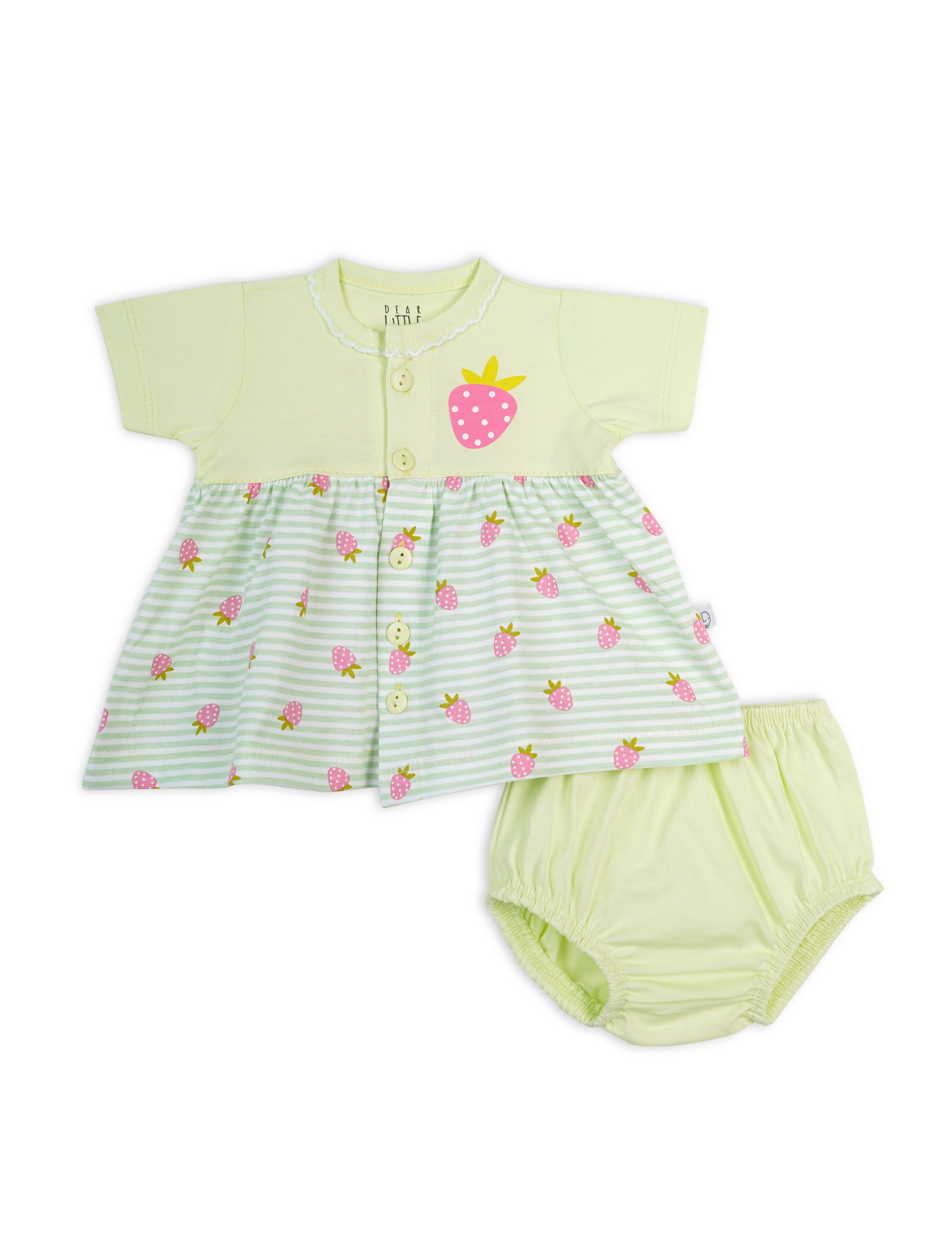 A pastel green cotton frock with strawberry prints, consisting of a top with short sleeves and a skirt, paired with a matching diaper cover.