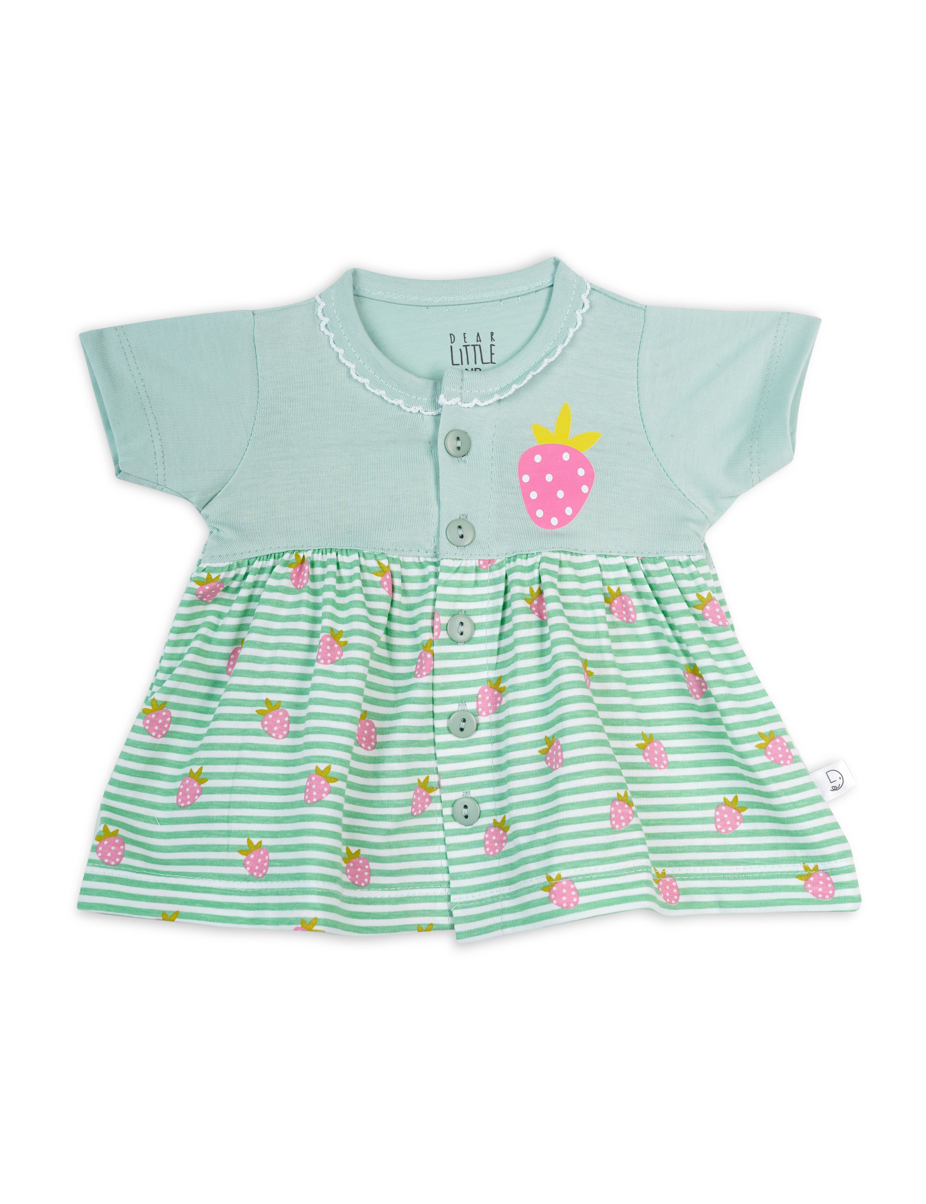 Strawberry Print Green Frock for Newborn