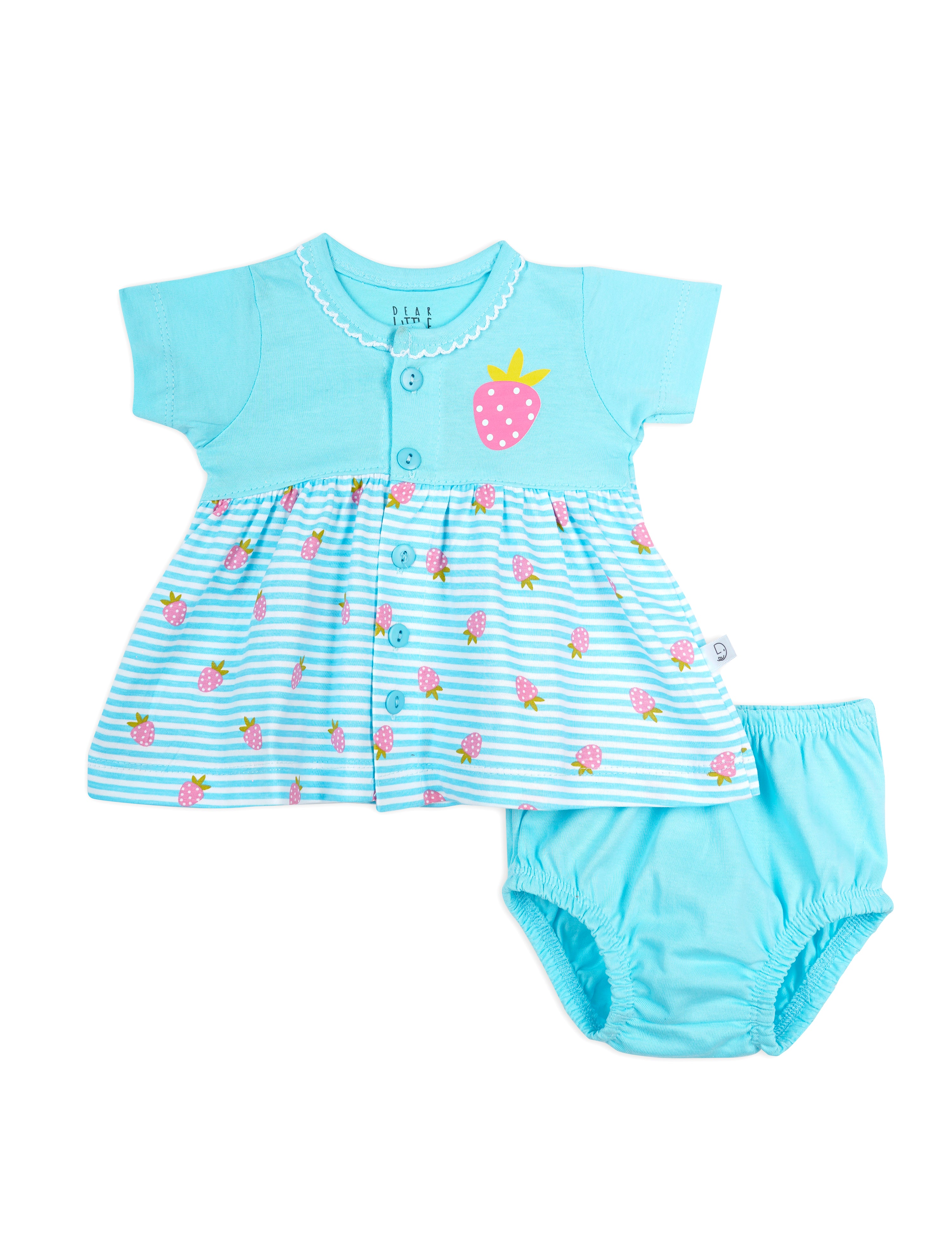 A bright aqua colored baby dress with strawberry prints, featuring a short sleeve, knee-length skirt, and a button-down front, paired with matching diaper covers.