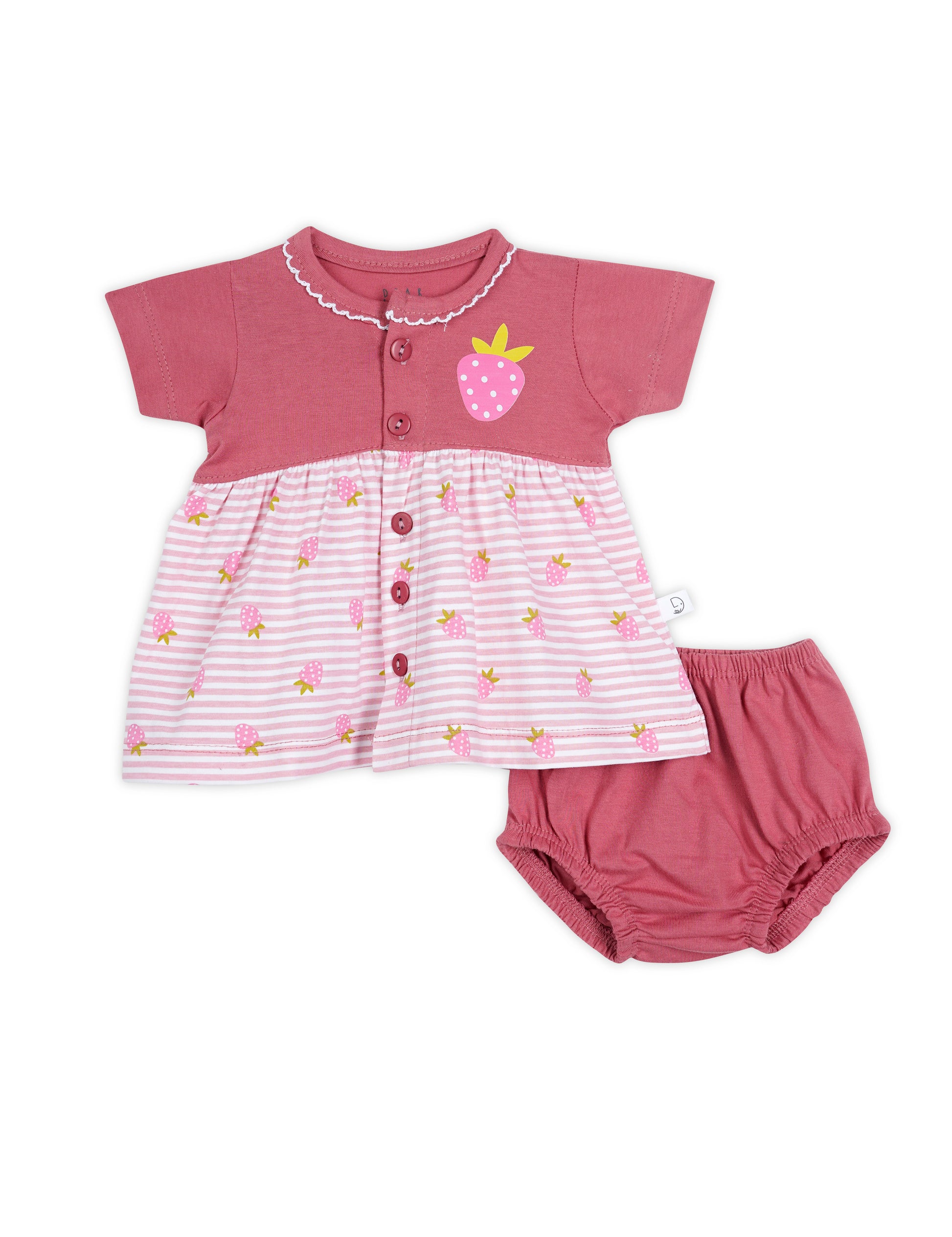 A short-sleeved pink baby frock with strawberry prints