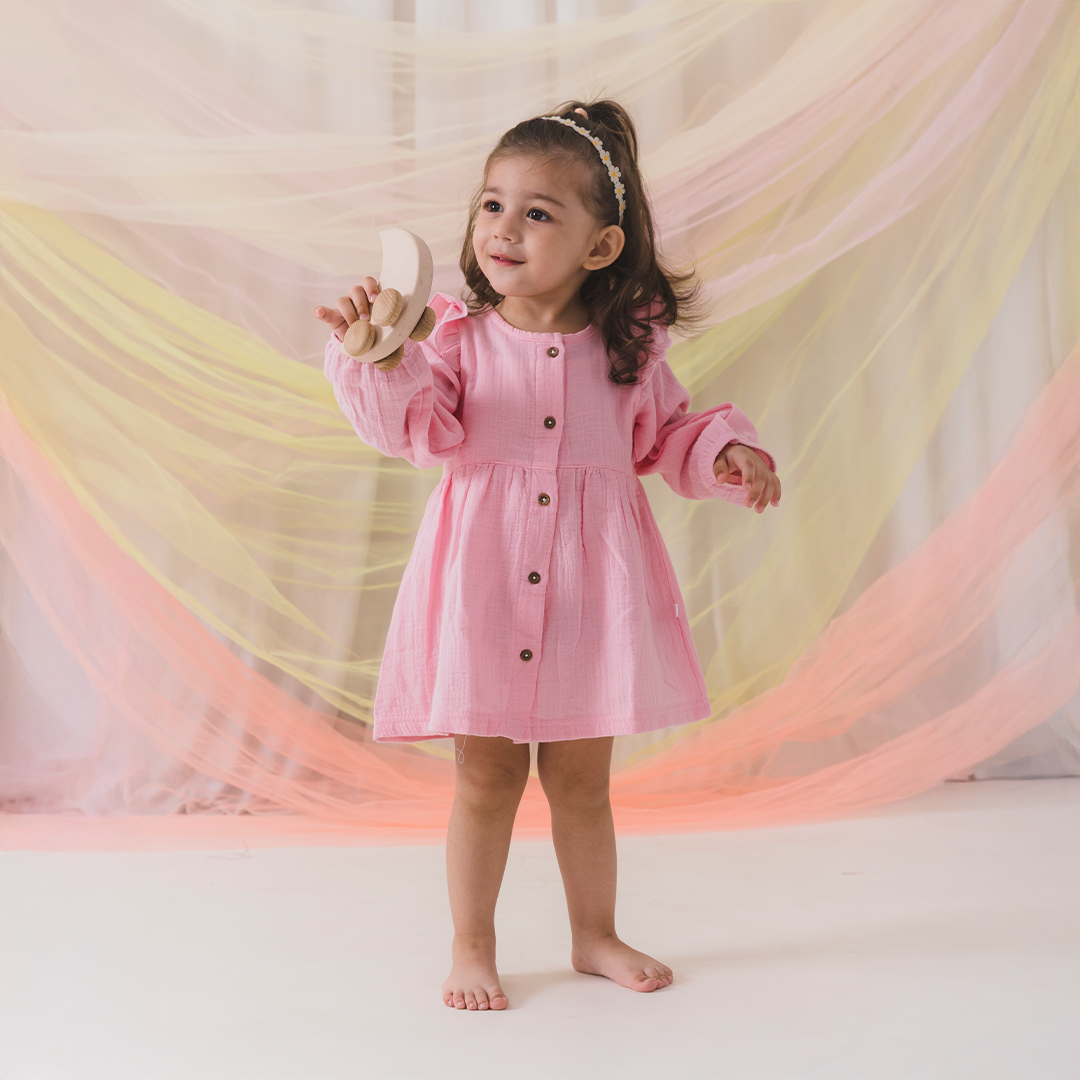 Crinkled Muslin long sleeve frock with frill - Pink