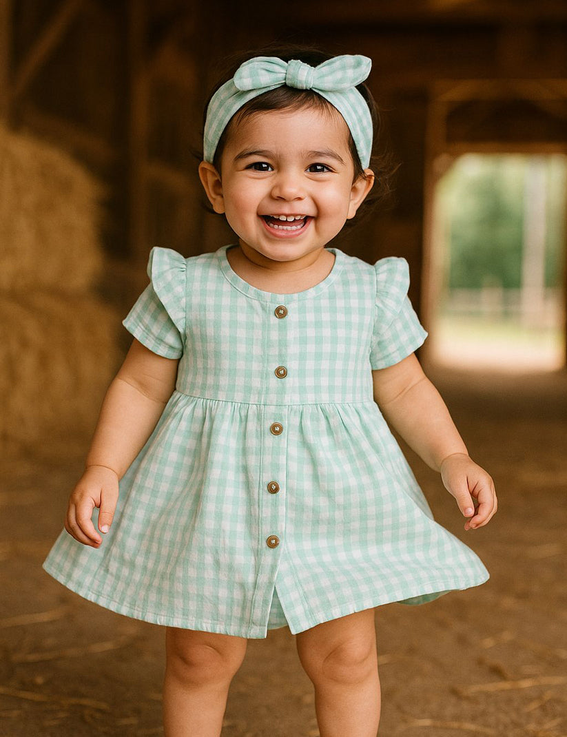 Child wearing a green checkered dress with a headband in a barn setting