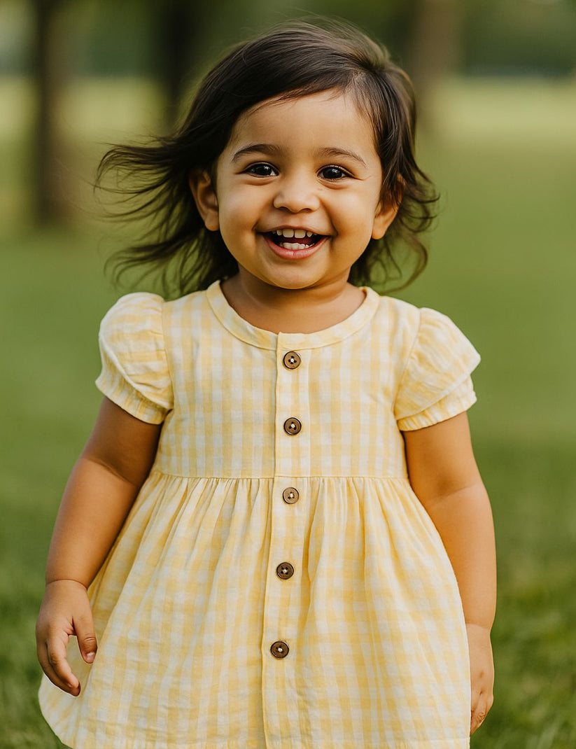 Child in a yellow checkered dress standing in a grassy field
