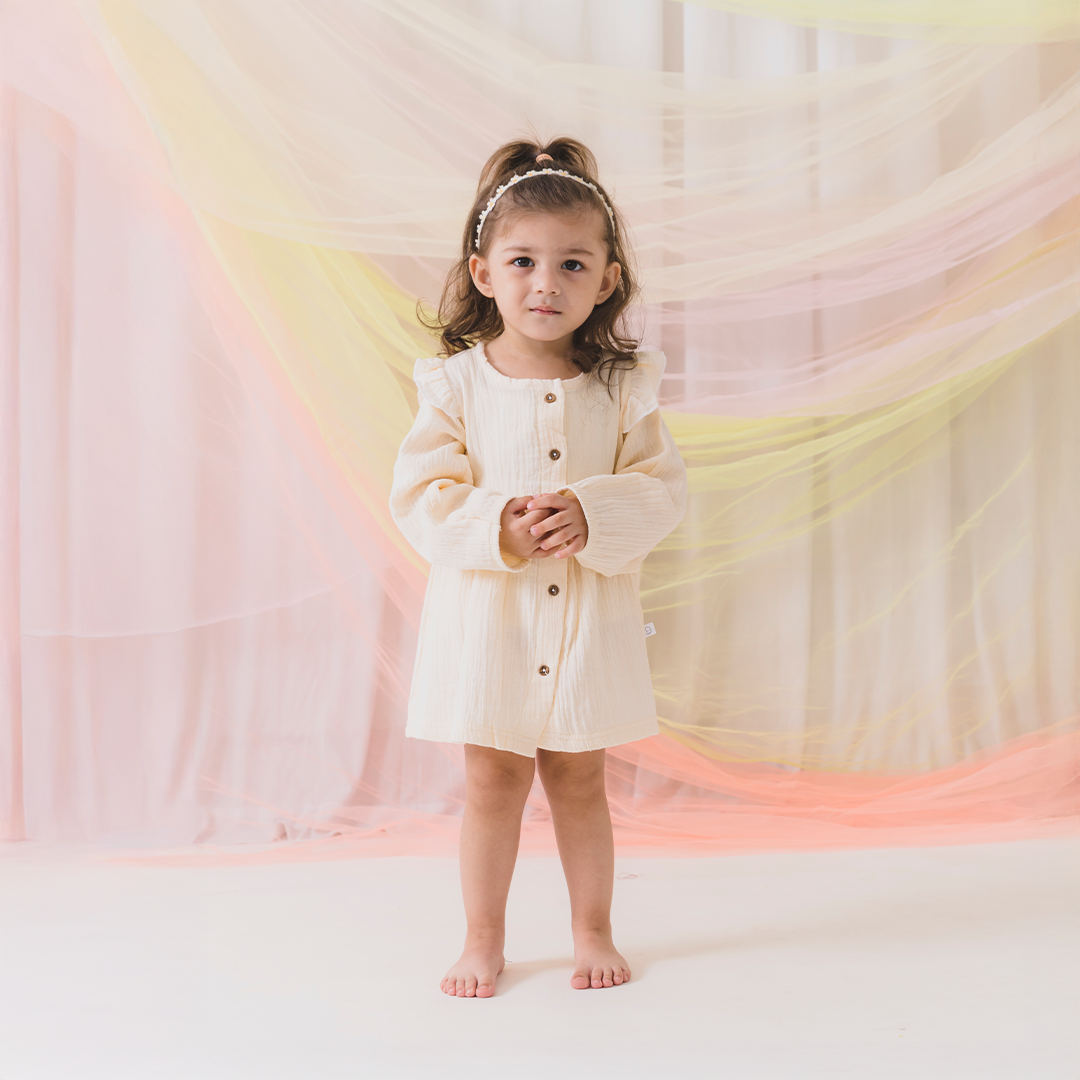 Crinkled Muslin long sleeve frock with frill - Vanilla