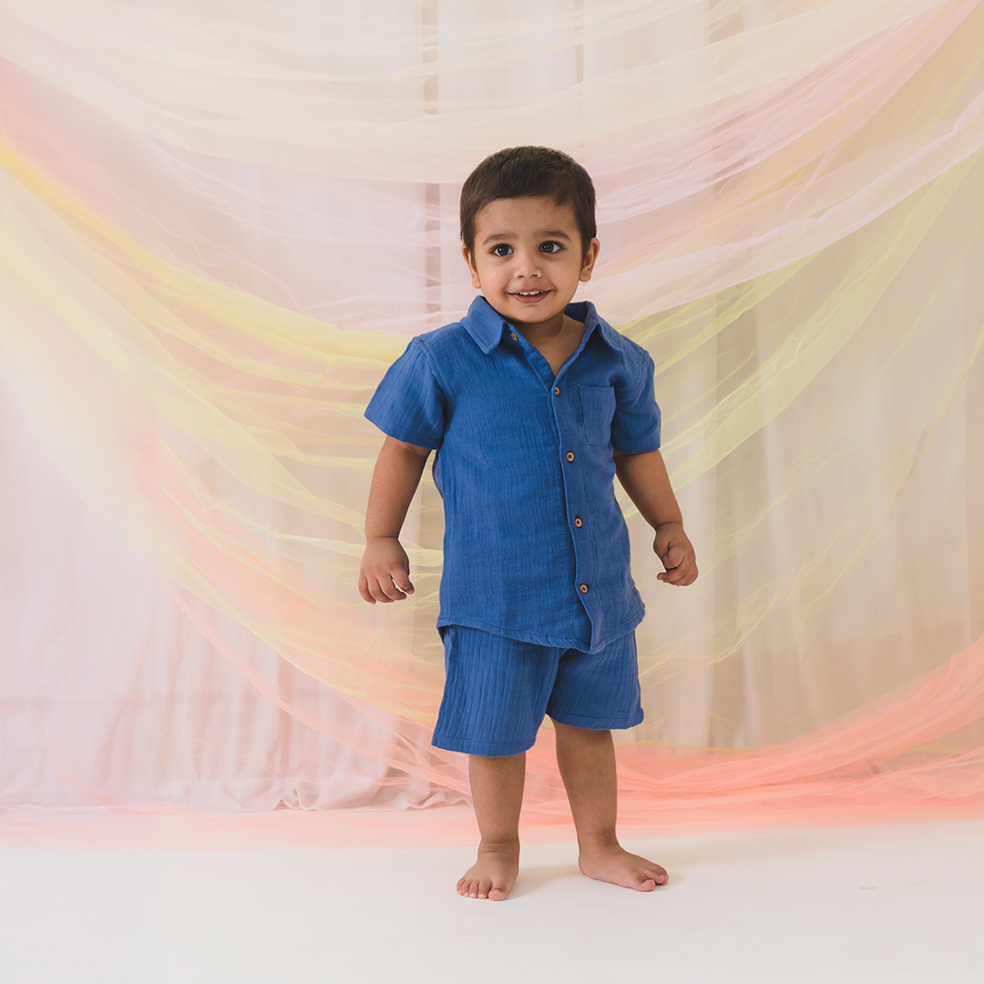 Crinkled Cotton Shirt & Shorts - Dark Blue