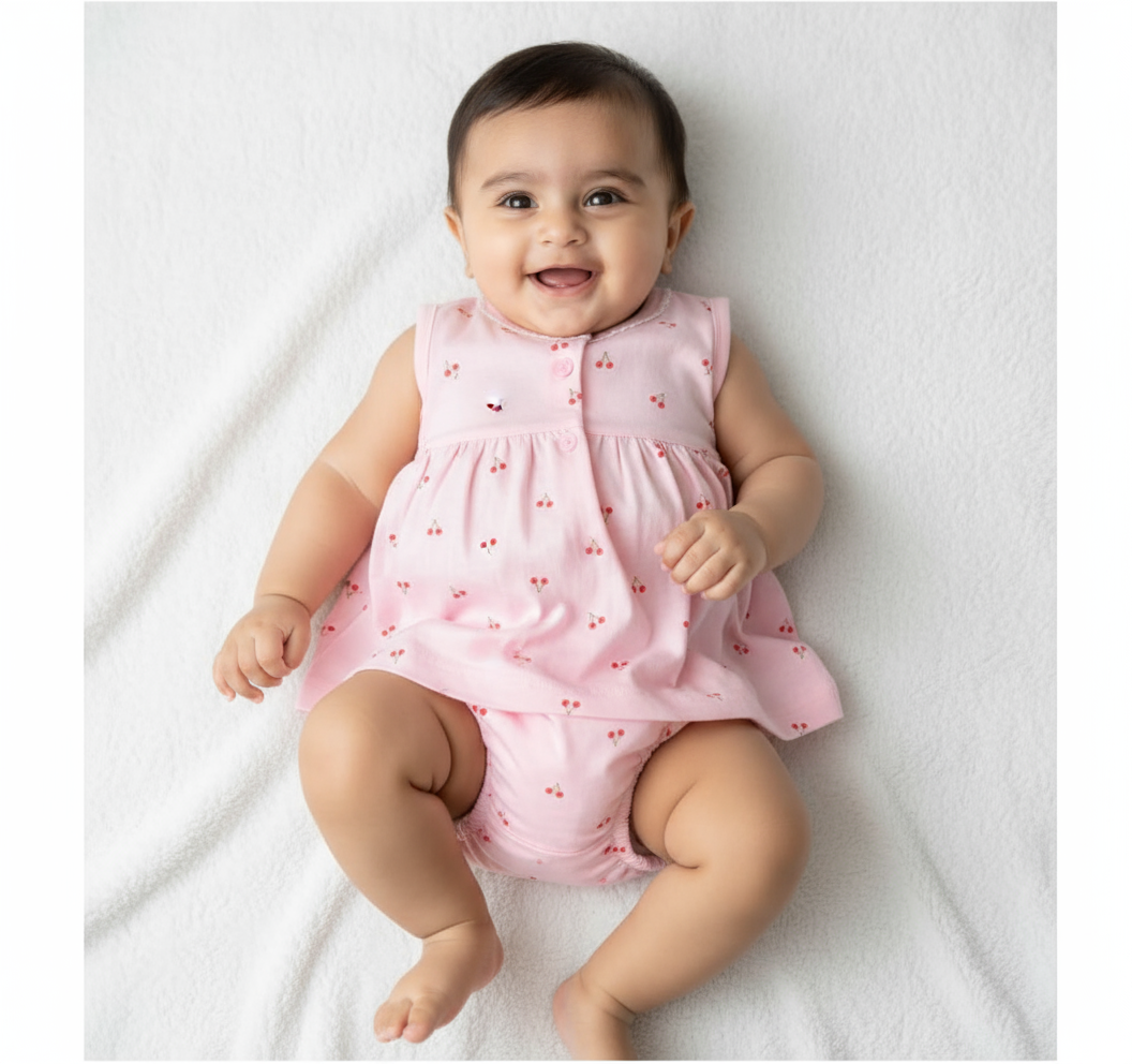 Cherry Blossom Cotton Frock with Bloomer Baby Pink