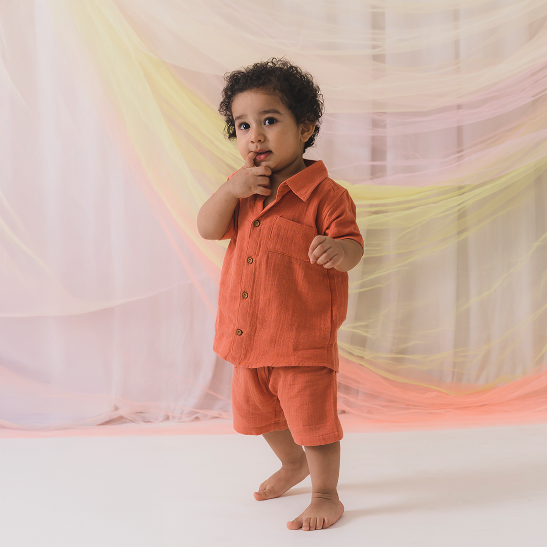 Crinkled Cotton Shirt & Shorts - Orange