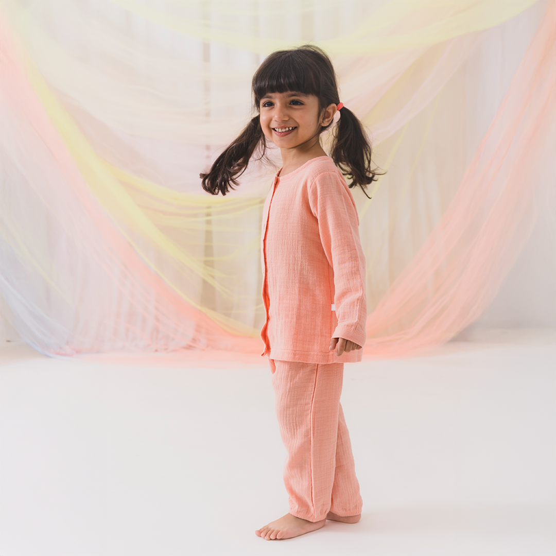Crinkled Muslin Full Sleeve Co-ord Set - Light Orange